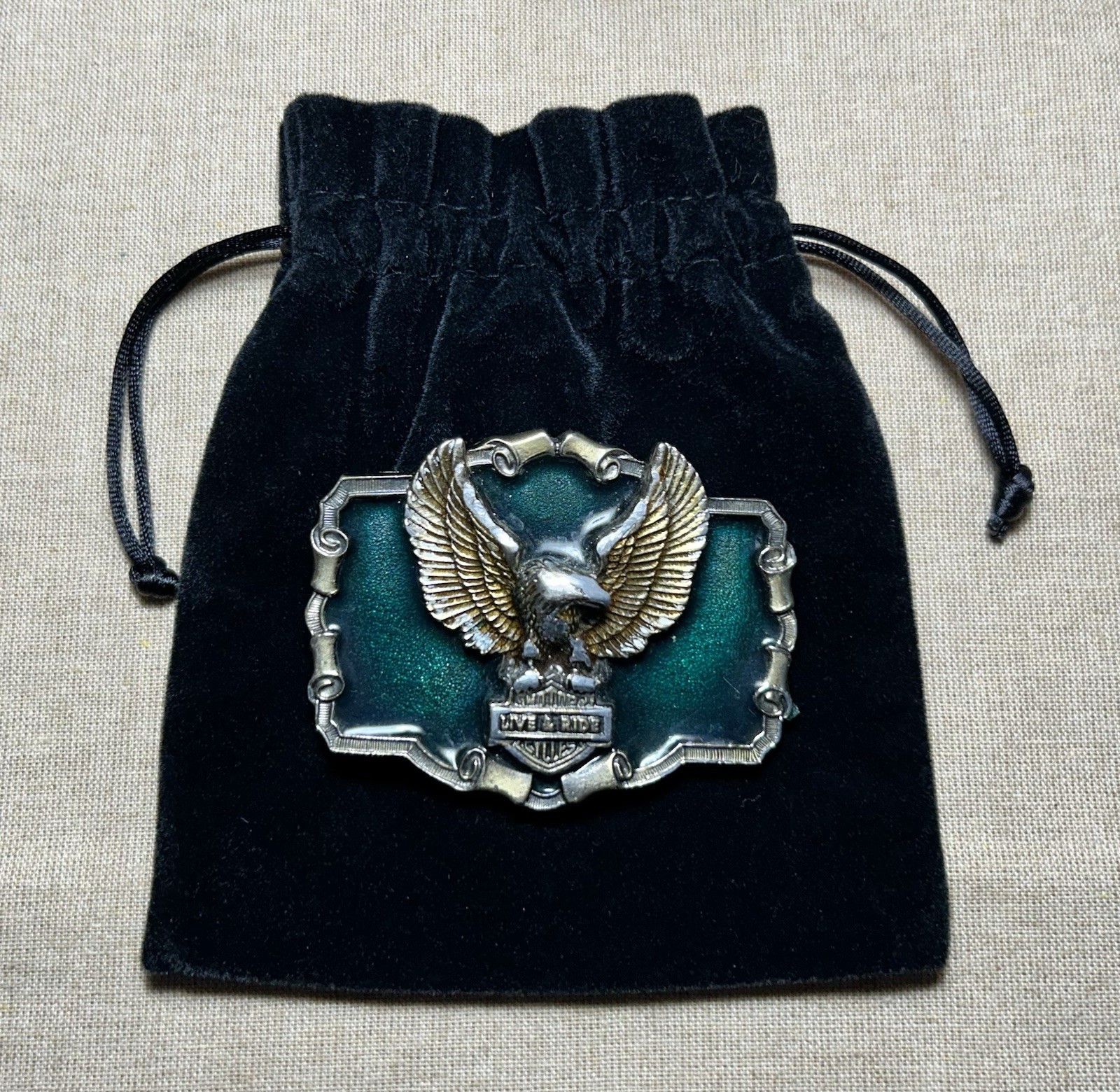 Vintage Eagle Live To Ride Belt Buckle Green Enamel 1983 Made In USA