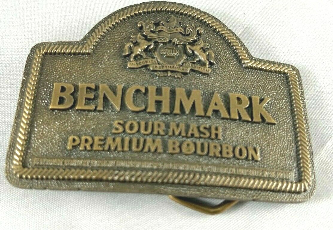 Benchmark Sour Mash Premium Bourbon Vintage 1970 Belt Buckle Indiana Metal Craft