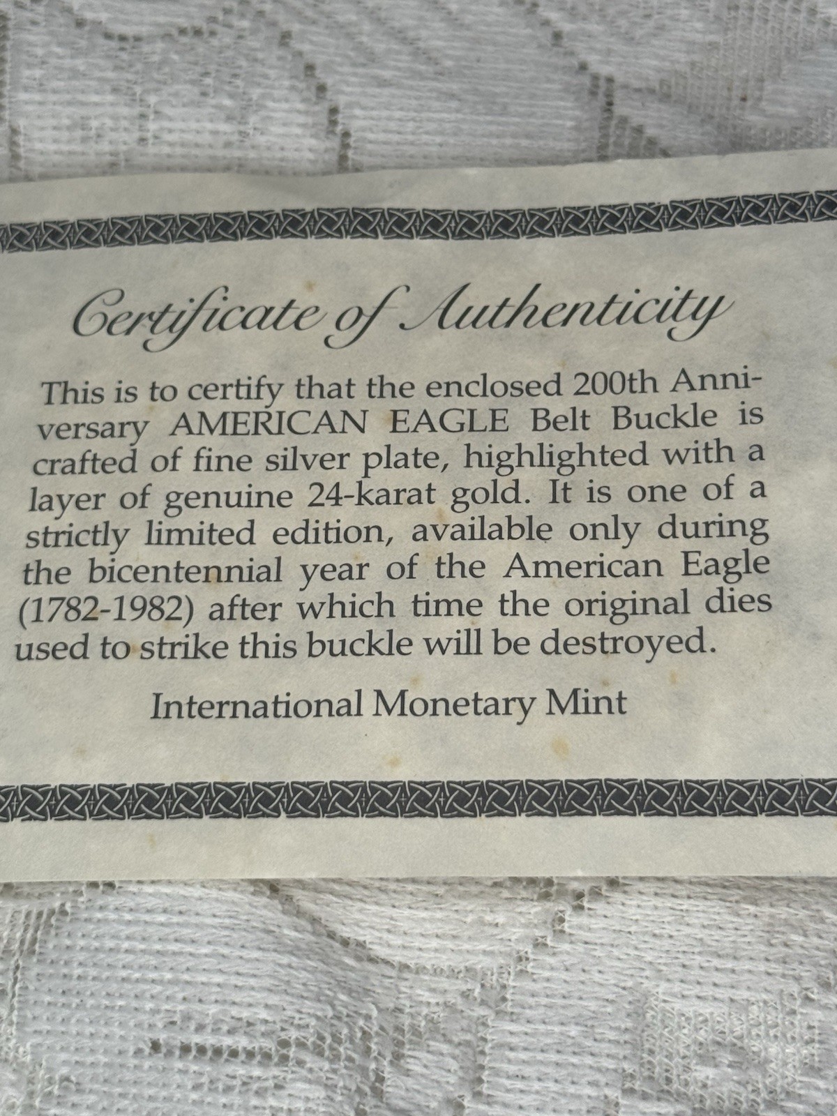 AMERICAN EAGLE BELT BUCKLE Layer 24K Gold by INTERNATIONAL MONETARY MINT NEW COA