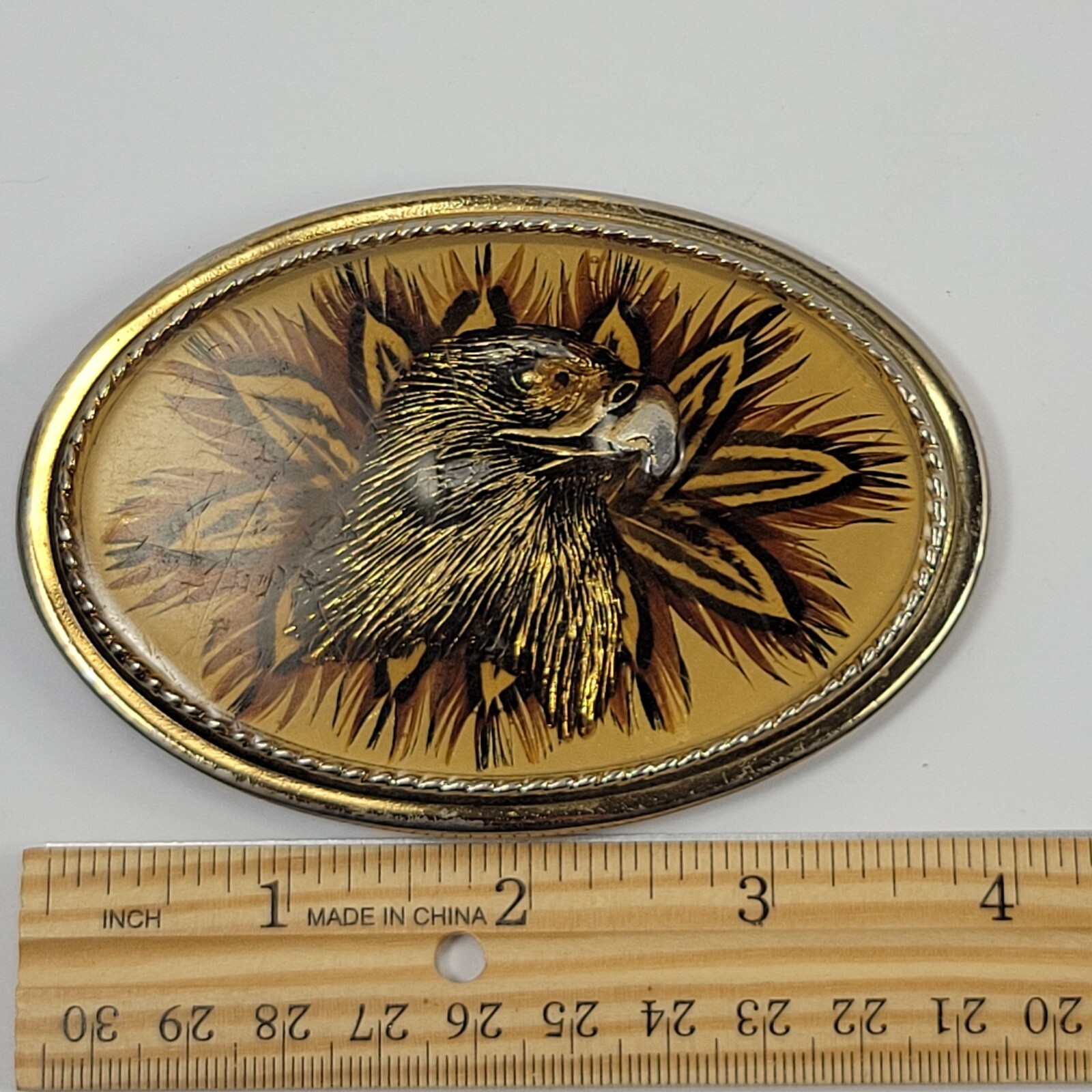 Vintage Western Belt Buckle American Eagle Real Enameled Feathers Made in USA