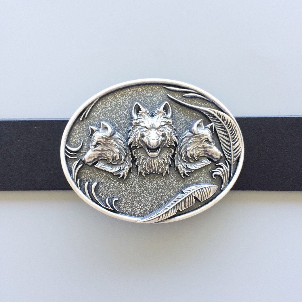 Vintage Silver Plated Western Wolves Oval Belt Buckle Gurtelschnalle