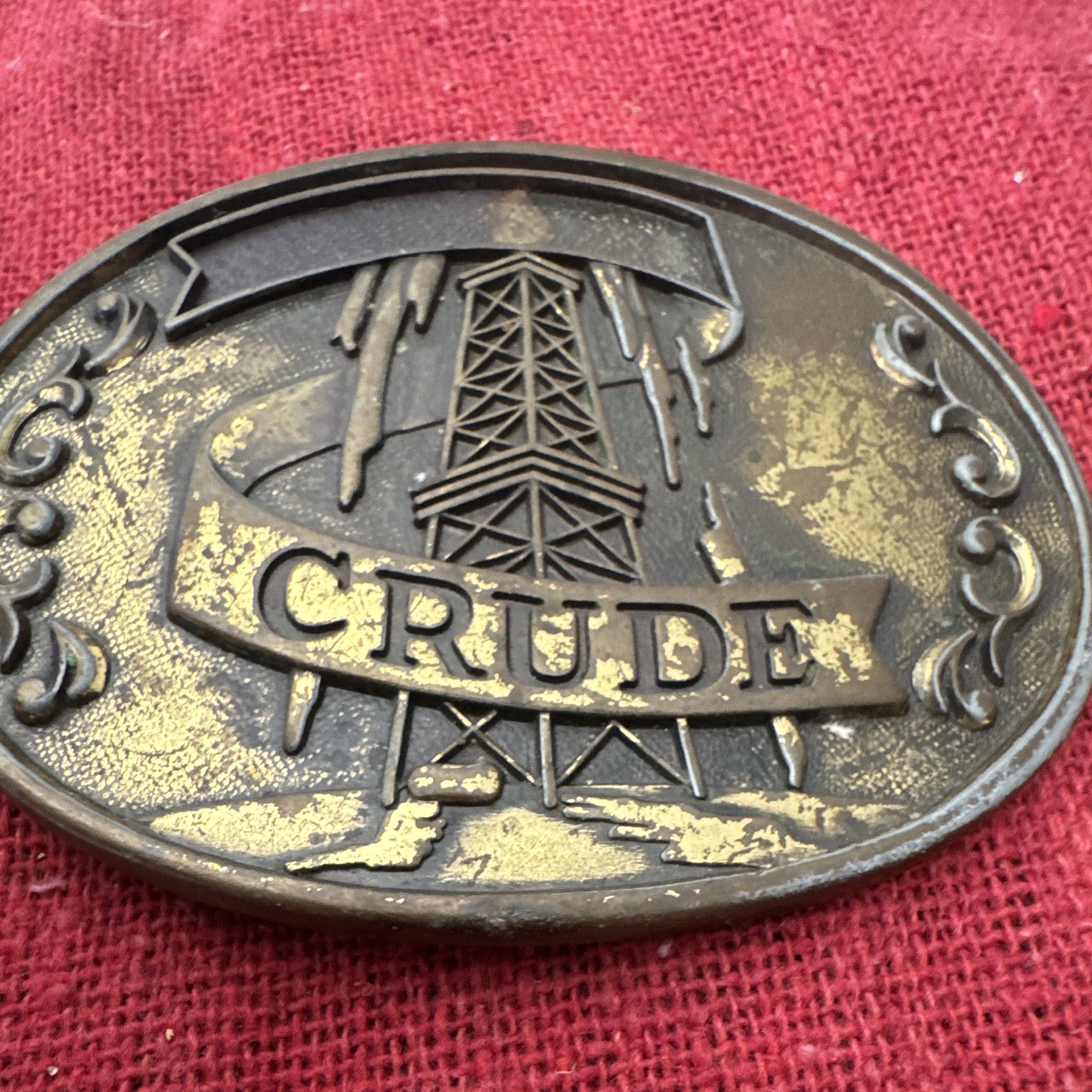 Vintage CRUDE Oilfield Belt Buckle Oil Derrick Oil Rig Petroleum Bronze Tone