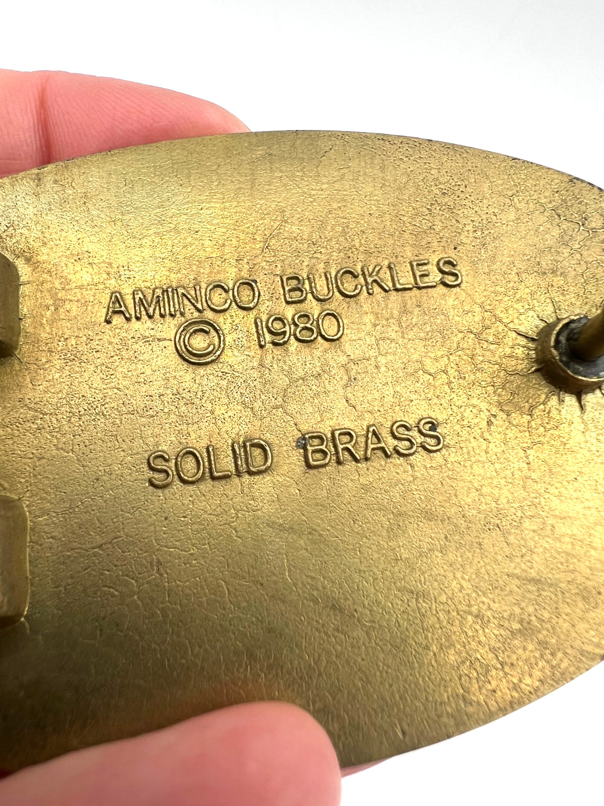 Vintage AMINCO 1980 Old Fishermen Never Die They Just Get Worms Brass Buckle USA