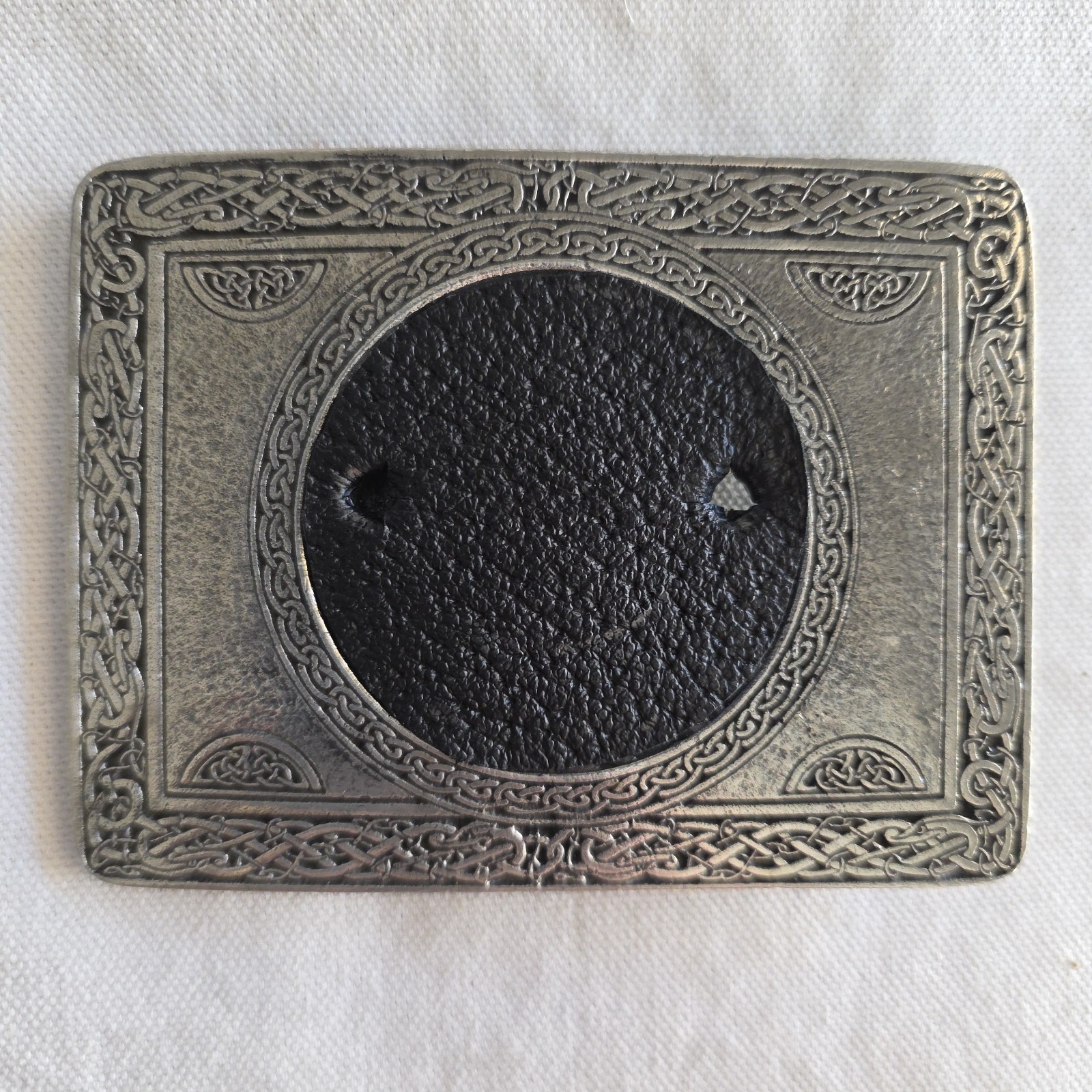Rectangle Pewter Clan Belt Buckle w/ Pewter Gaelic Piper Crest Pin (Removeable)