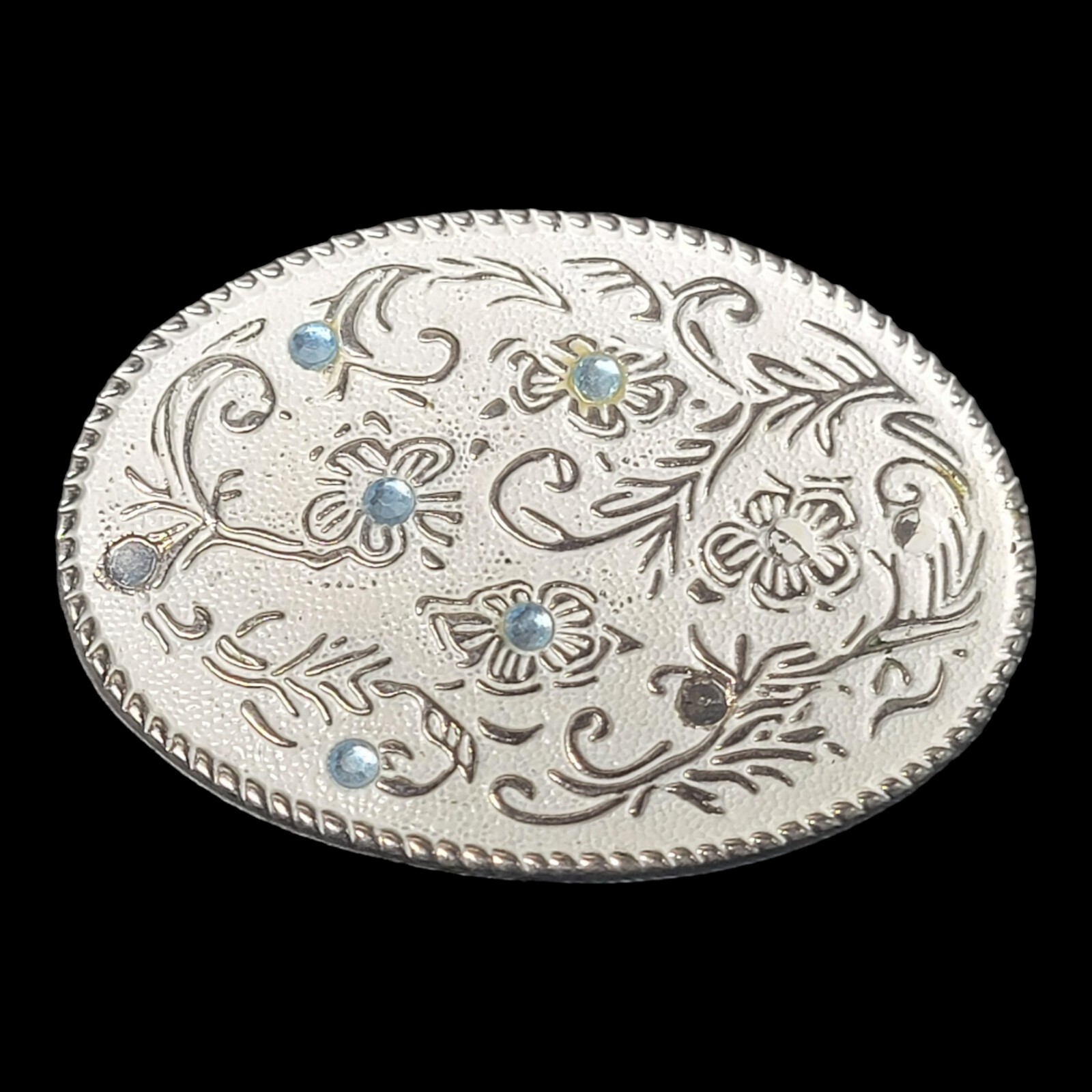 Vintage Belt Buckle Rhinestone Blue Crystal Silver Western Scroll Cowgirl 80s