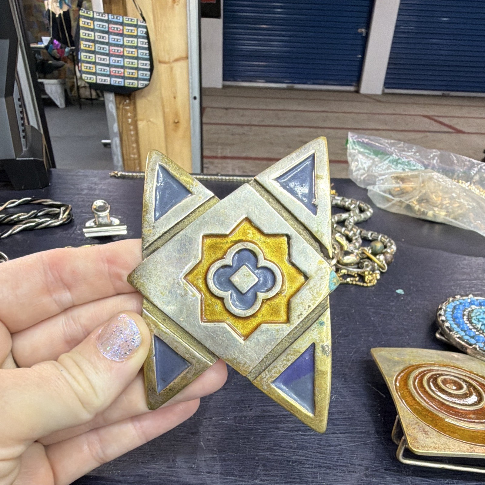 Vintage Geometric Star Enamel Brass Belt Buckle Gold Silver