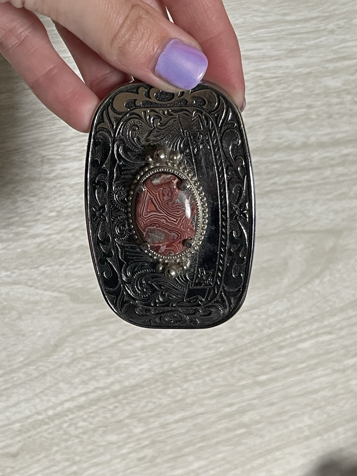 VTG Western Country Silver Tone Rhodochrosite Stone Belt Buckle 3.25&Prime; x 2&Prime;