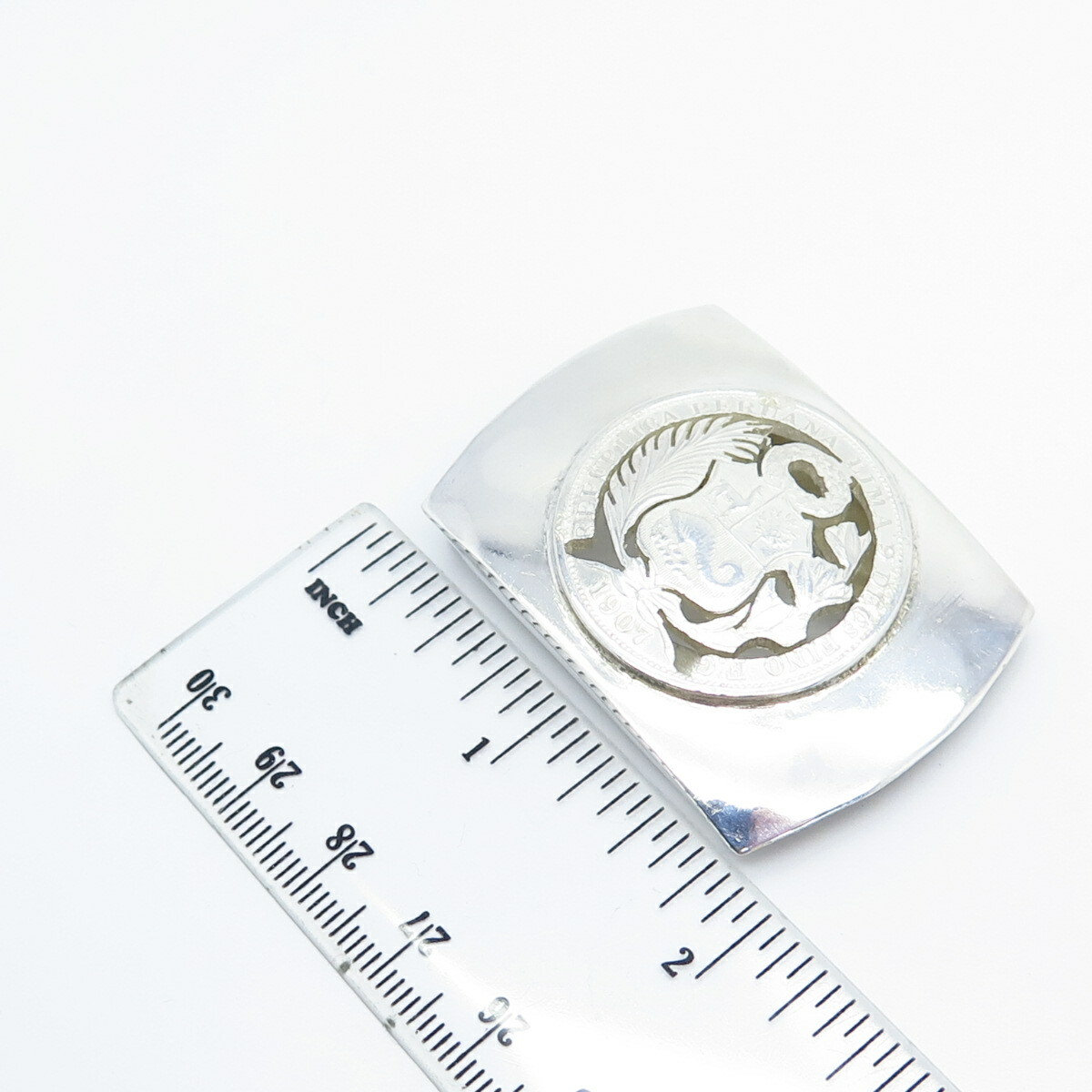 925 Sterling Silver Antique 1907 Peruvian Dinero Coin Belt Buckle
