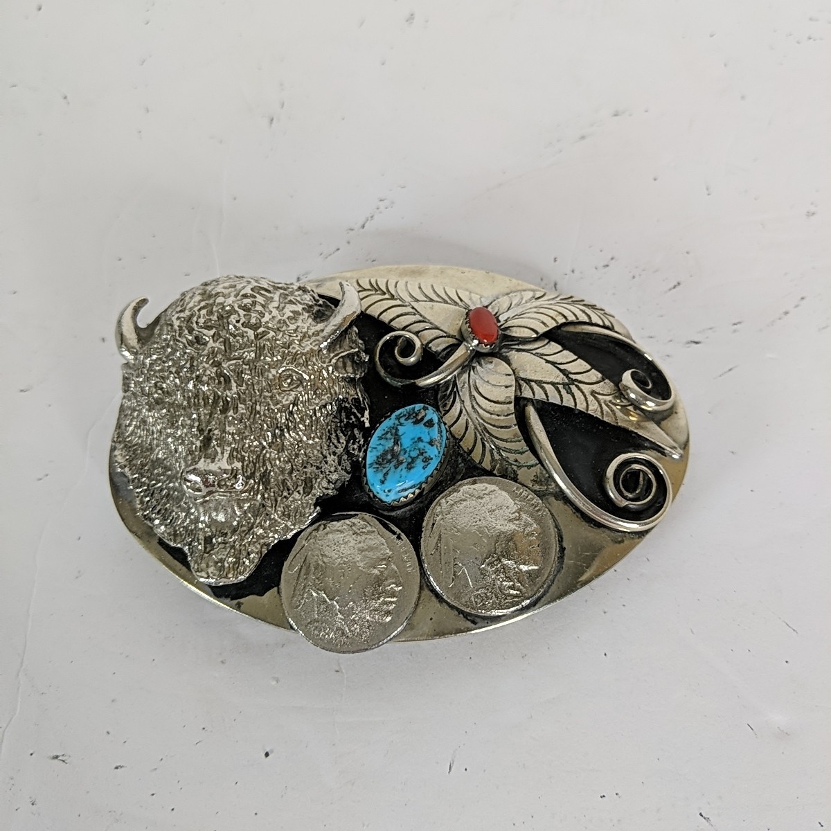Keams Chee Navajo Belt Buckle Buffalo Head 1937 Indian Coin Turquoise Coral Vtg