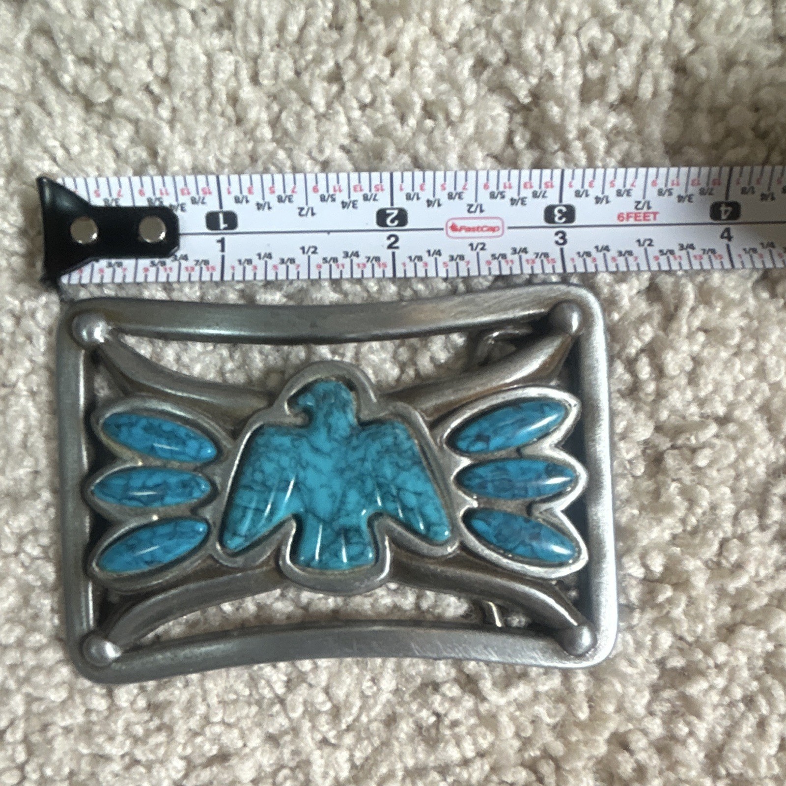 Silver Tone Blue Stone Thunderbird Western Rectangular Belt Buckle 1.5 in