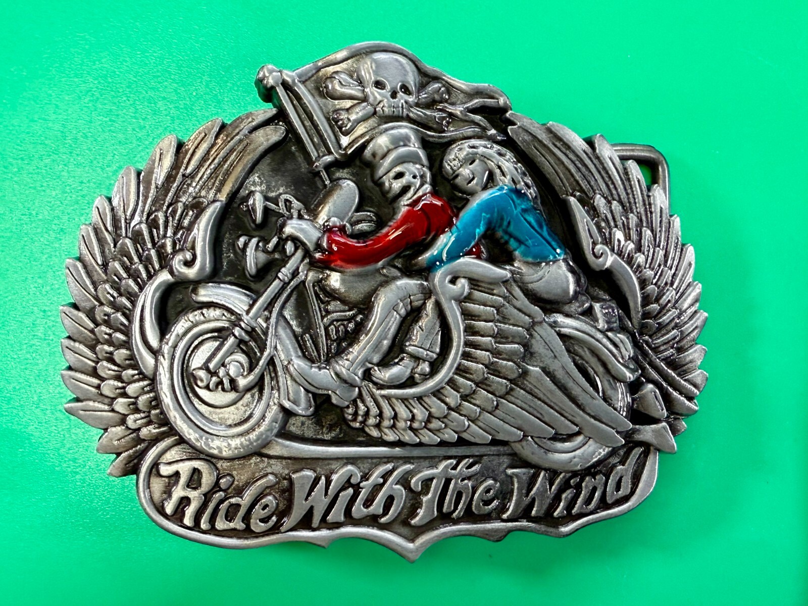 Ride With The Wind Wings Skull Flag Motorcycle Bikers Riders Cutout Belt Buckle