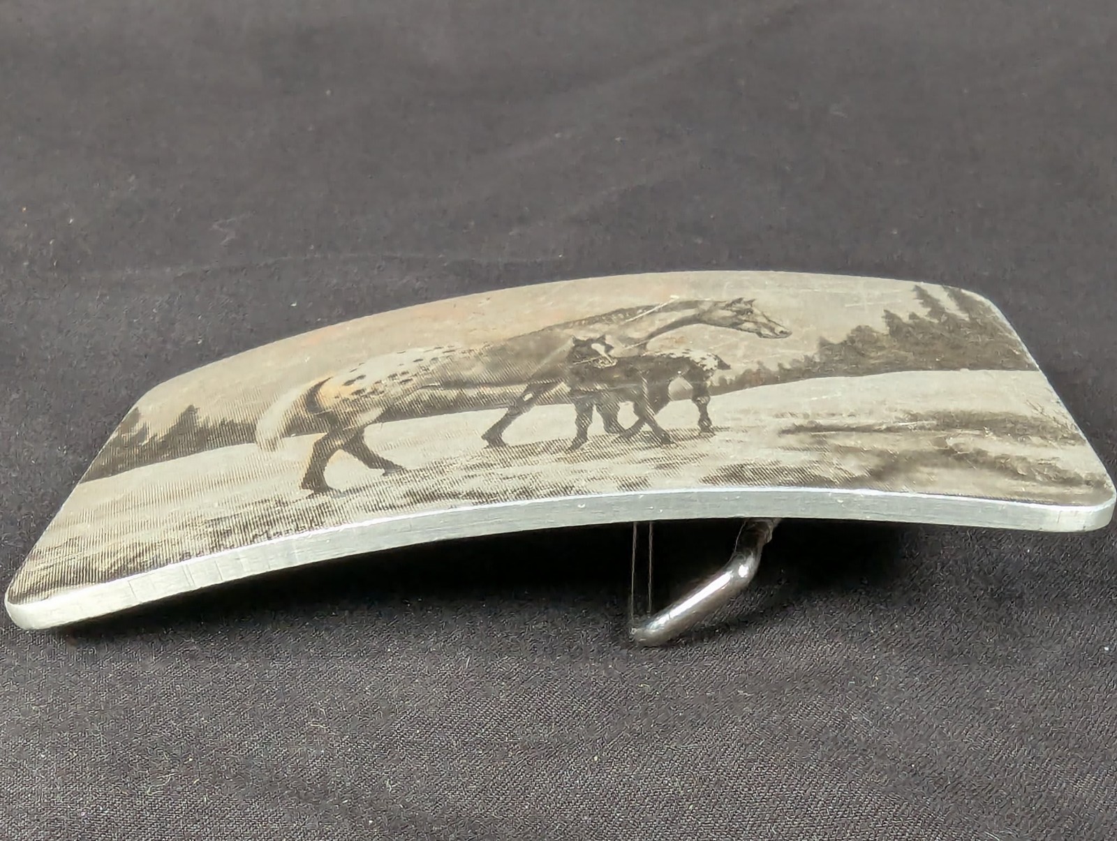 Vintage Perma-Tech Belt Buckle Appaloosa Mare and Foal Etched Aluminum 3.5 Inch