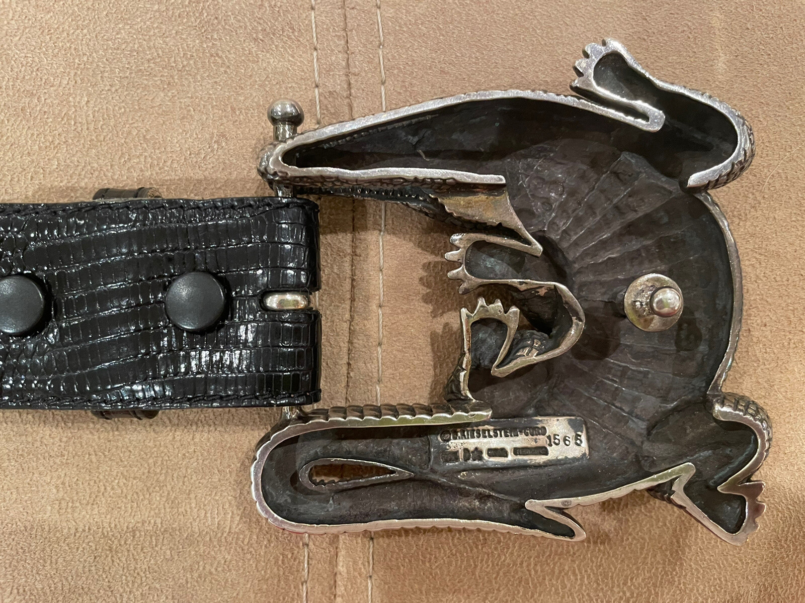 Huge Kieselstein-Cord Sterling Alligator Buckle With Black Lizard Belt Size 1