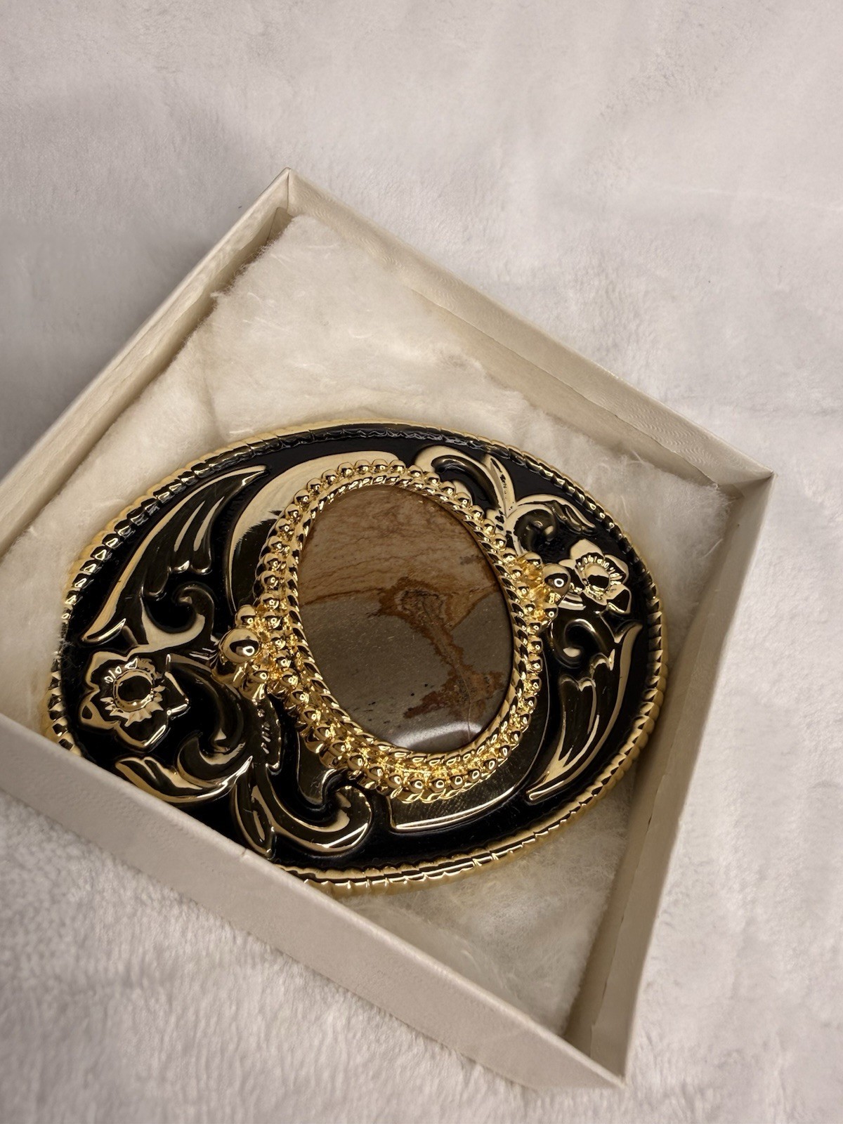 Vintage Western Belt Buckle Silver & Gold Tone Polished Leopard Jasper Stone USA
