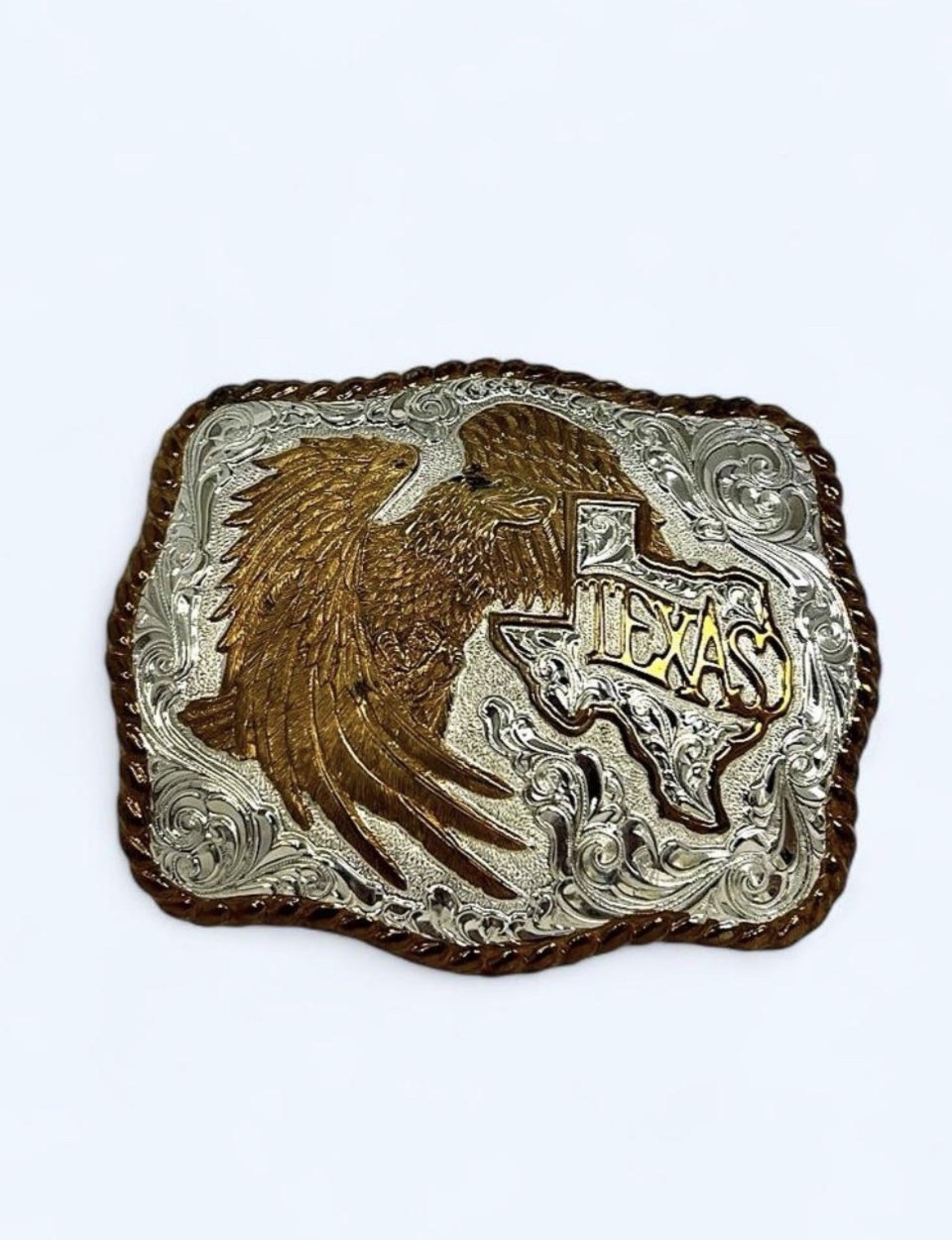 Vintage Crumrine Two-Tone Silver Gold Eagle Texas State Western Belt Buckle USA