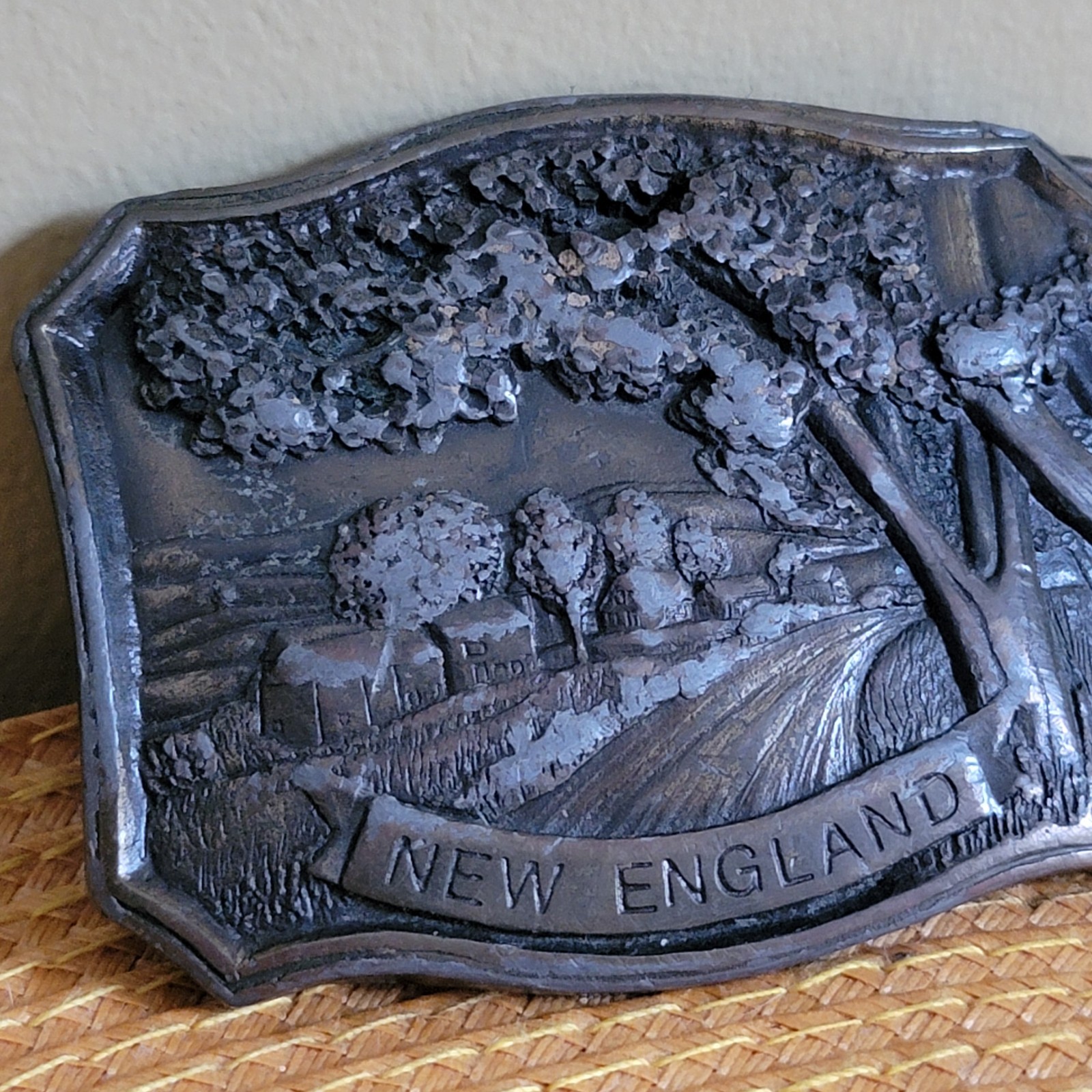 VTG New England Antiqued Brass Belt Buckle Embossed Country Road Indiana Metal
