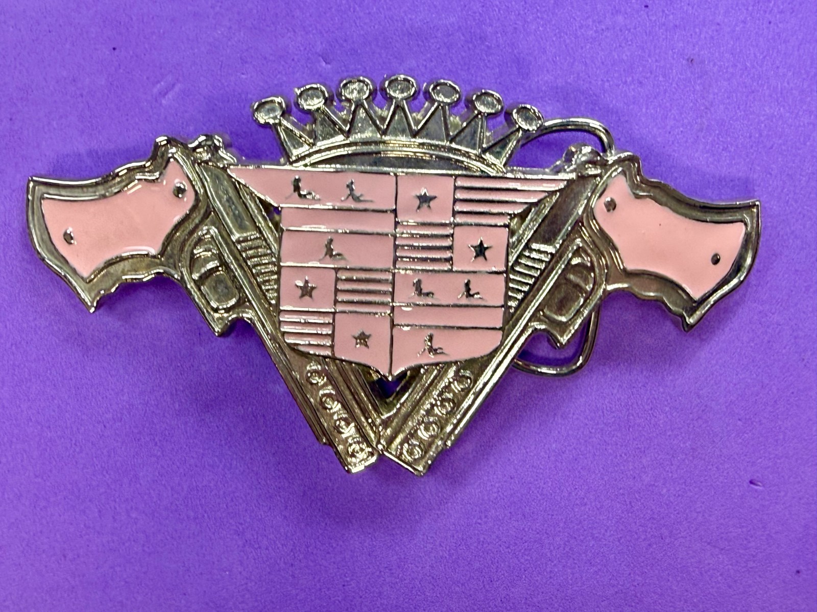 Guns Crown Shield Trucker Cadillac Grill Pink Enamel Belt Buckle Bottle Opener