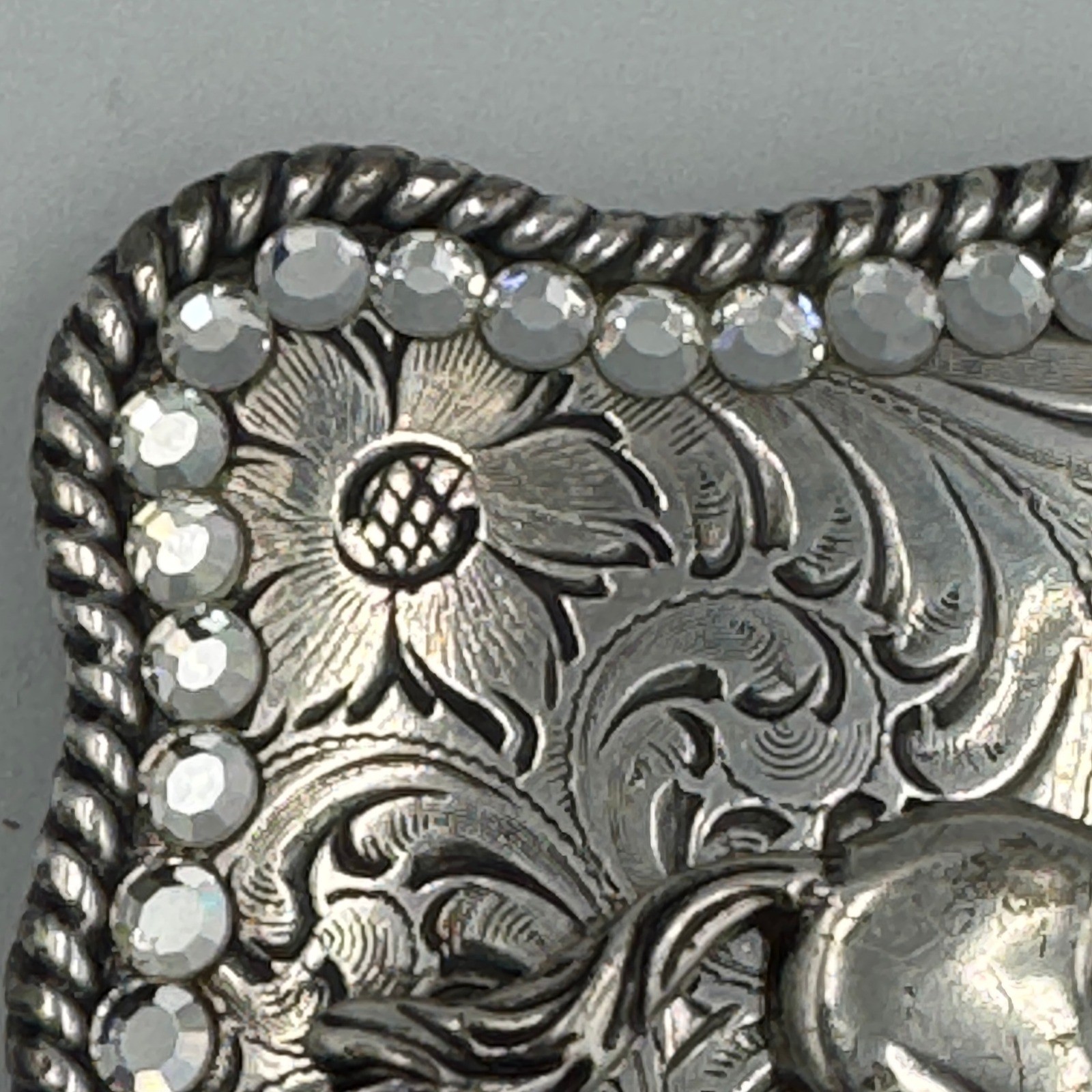 Western Horse Belt Buckle Silver Tone Floral Engraved Rhinestone Border Rodeo