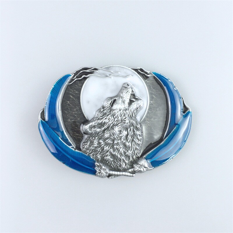 Blue Enamel Western Wolf Moon Oval Belt Buckle also Stock in the US