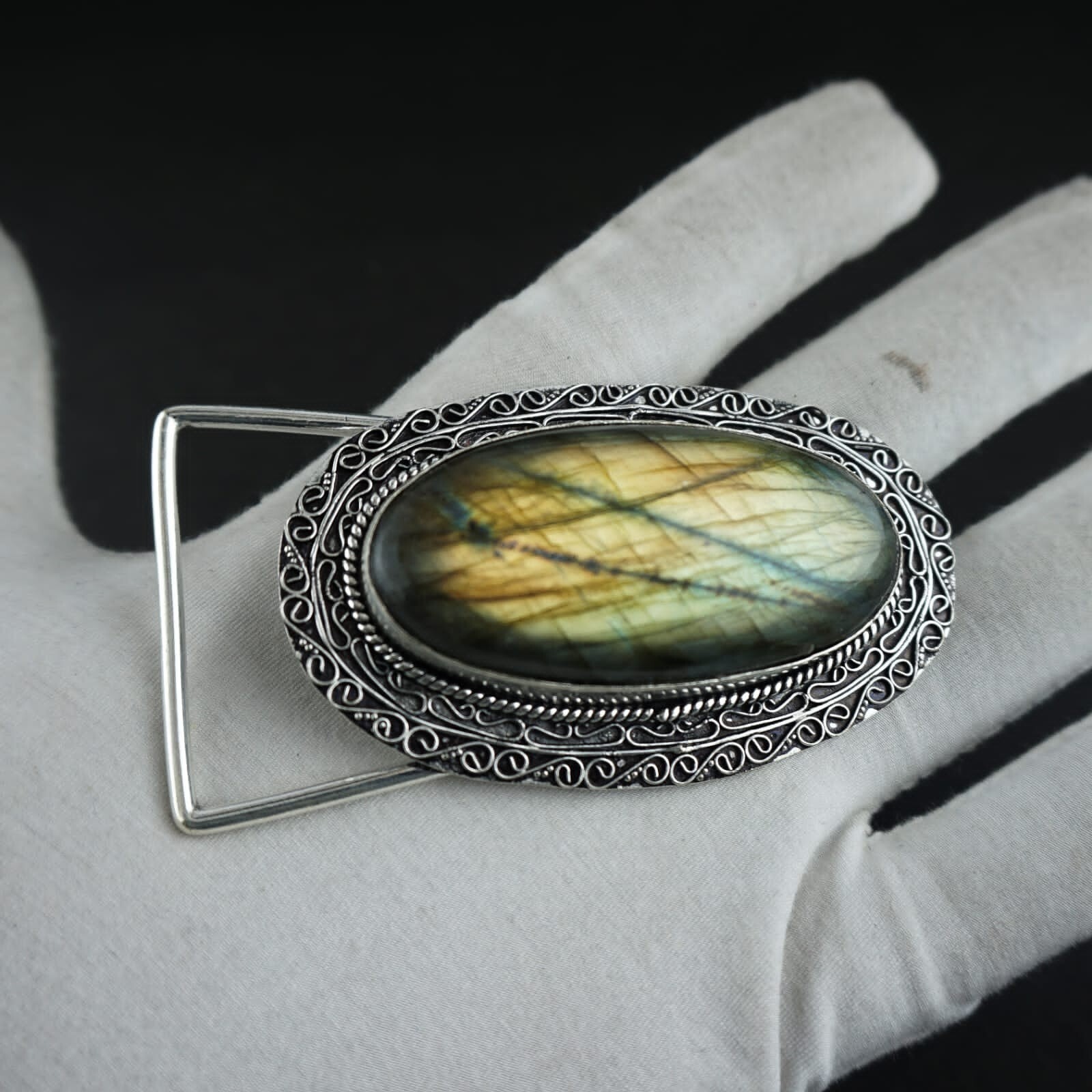 Natural Labradorite Gemstone Handmade 925 Sterling Silver Vintage Belt Buckle