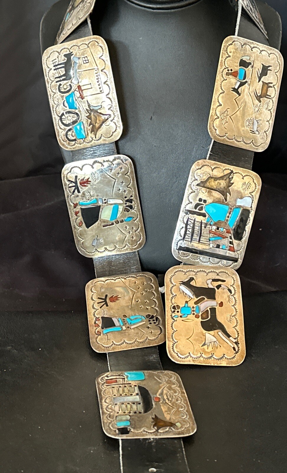 Turquoise Onyx Zuni Sterling Silver Sun Face Inlay Old Pawn Belt 40&Prime; 17406