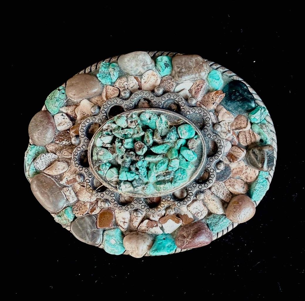 Chunky Turquoise & Stone Belt Buckle Twisted Rope Edge Marked: E – Made In Spain