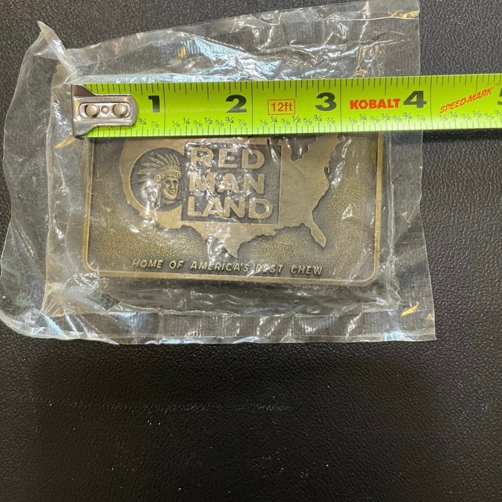 Vintage Red Man Land Belt Buckle Brass Tone Tobacco Advertising Americana USA
