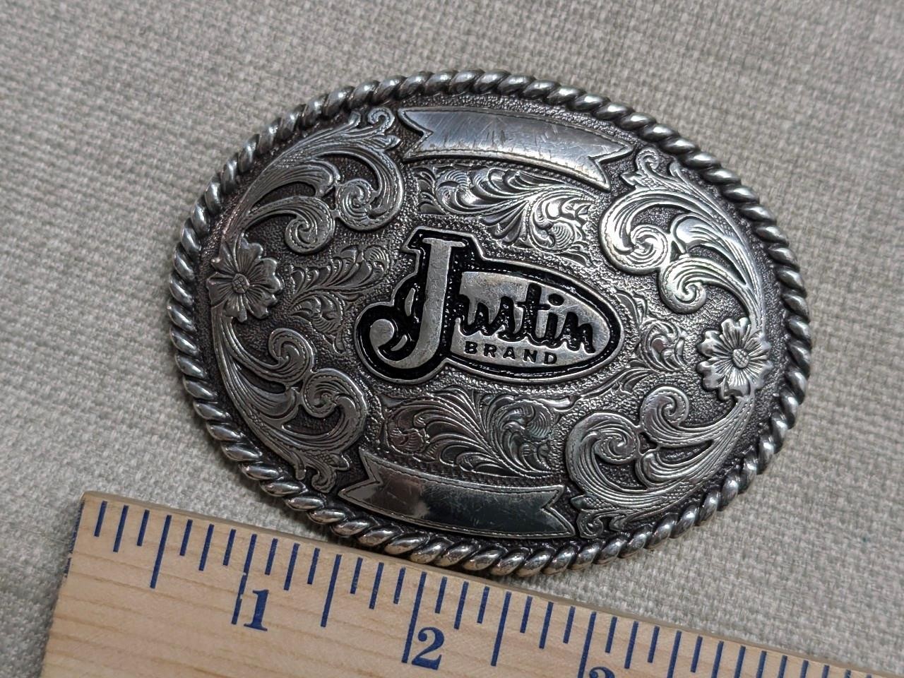 vintage JUSTIN belt buckle WESTERN engraved metal COWBOY rodeo