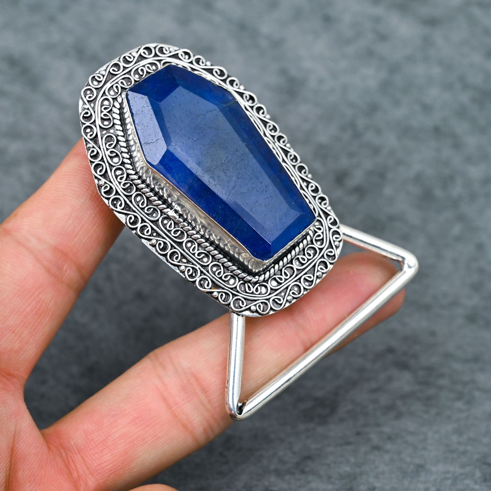 Blue Sapphire Faceted Coffin Cut Belt Buckle For Men Handcrafted Artisan Buckle
