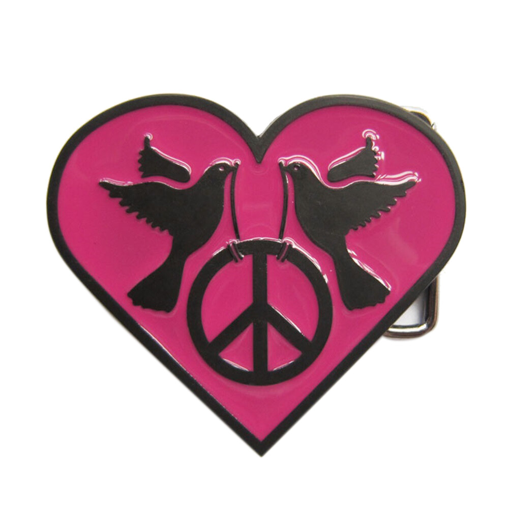 Pink Heart Peace Sign Doves Metal Belt Buckle