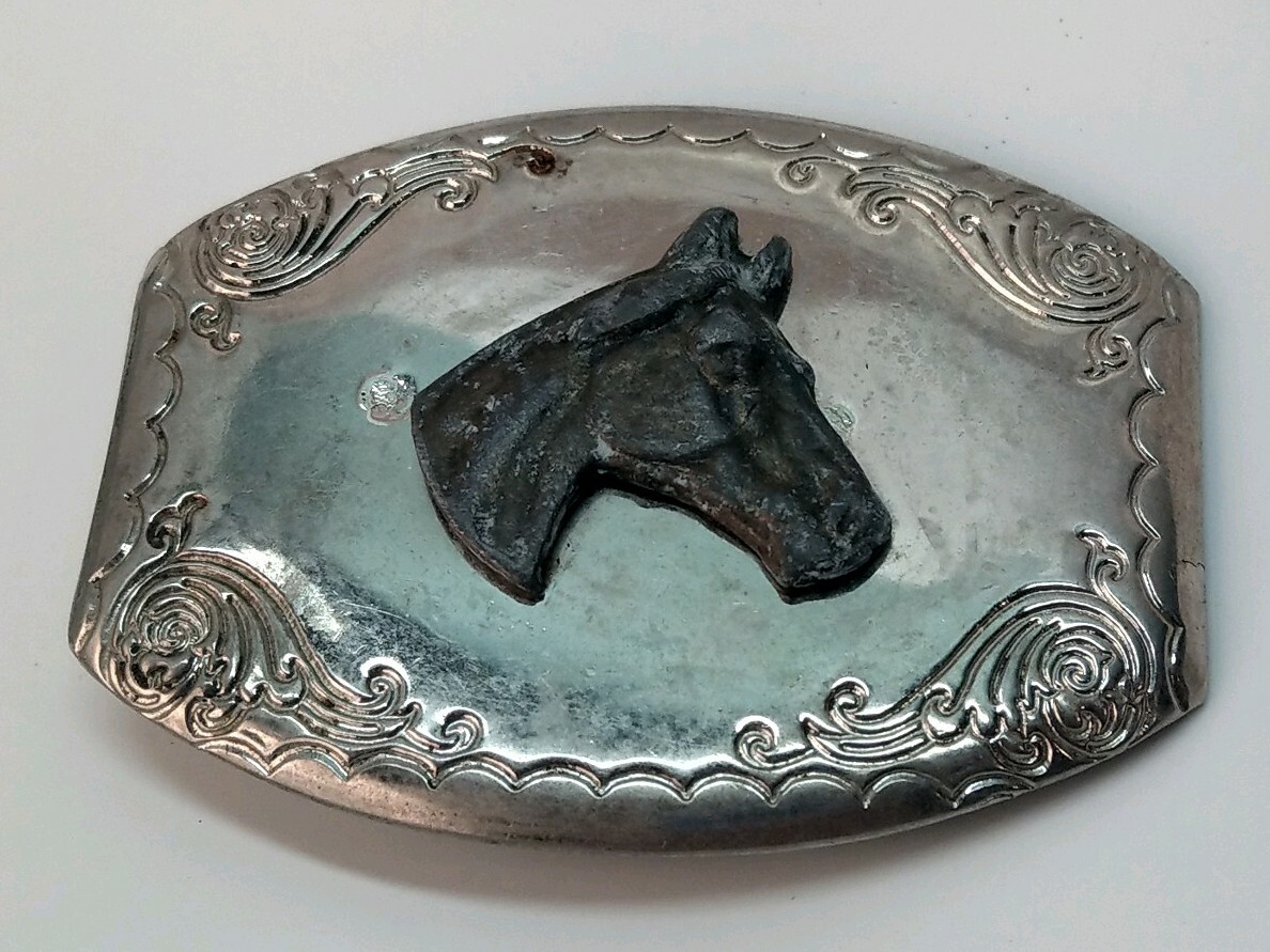 Vtg Silver Toned Horse Head Belt Buckle