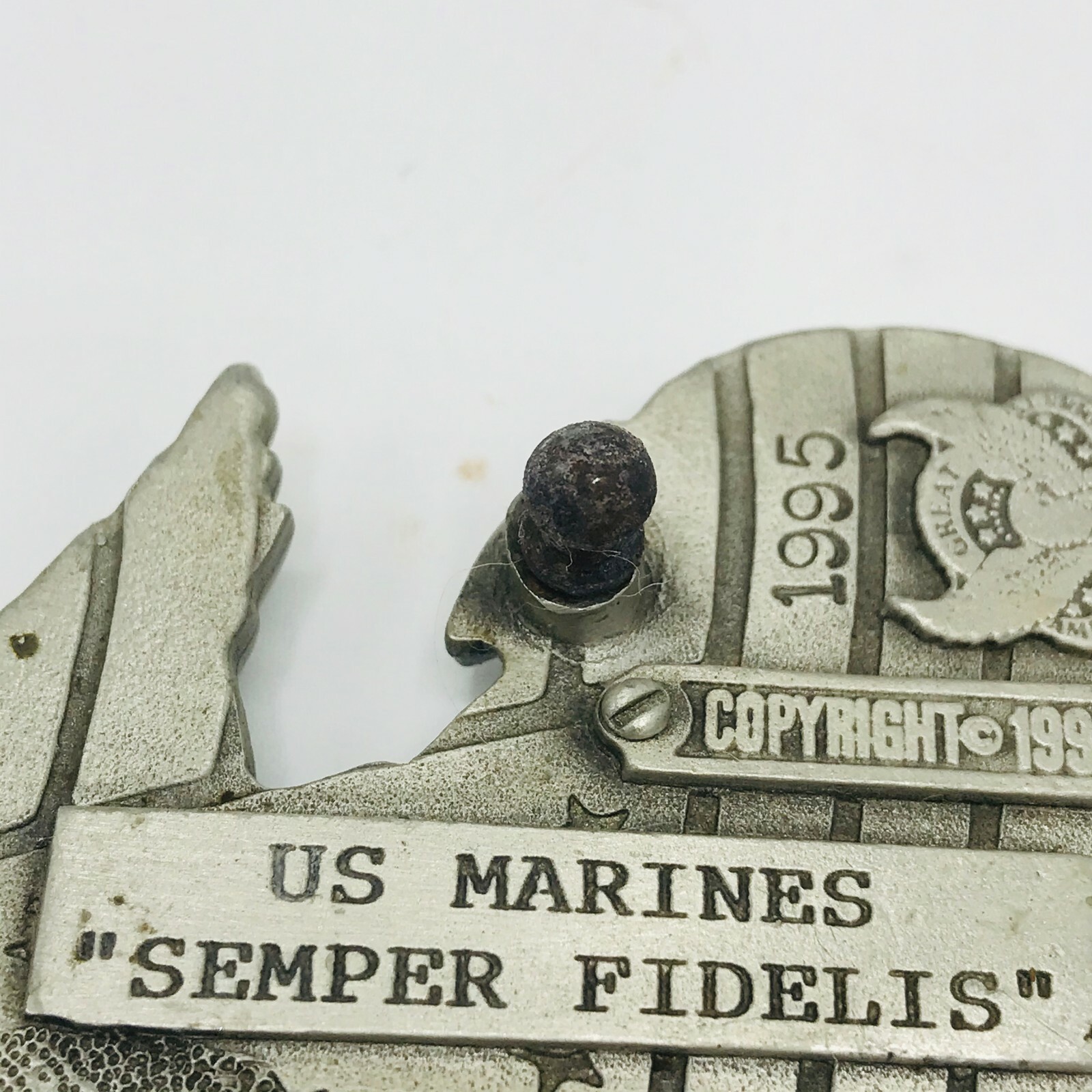 Vintage US Marines CorpBelt Buckle Semper Fidelis Pewter Metal 1995 Globe Anchor