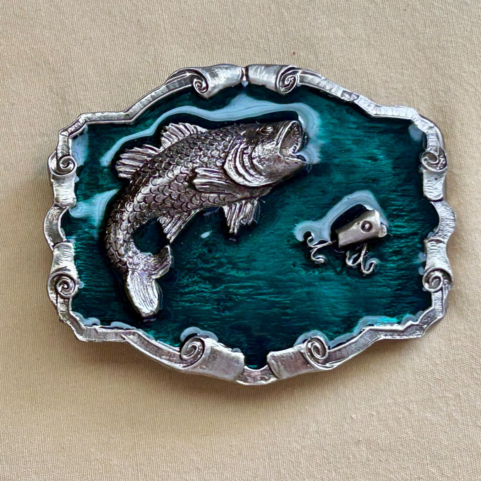Fish Belt Buckle Green Enamel Metal Largemouth Bass and Lure 2007