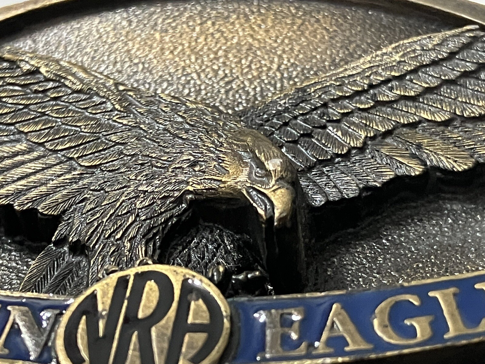 Vintage NRA Belt Buckle Golden Eagles Solid BRASS Blue Made in USA NRA Am Eagle