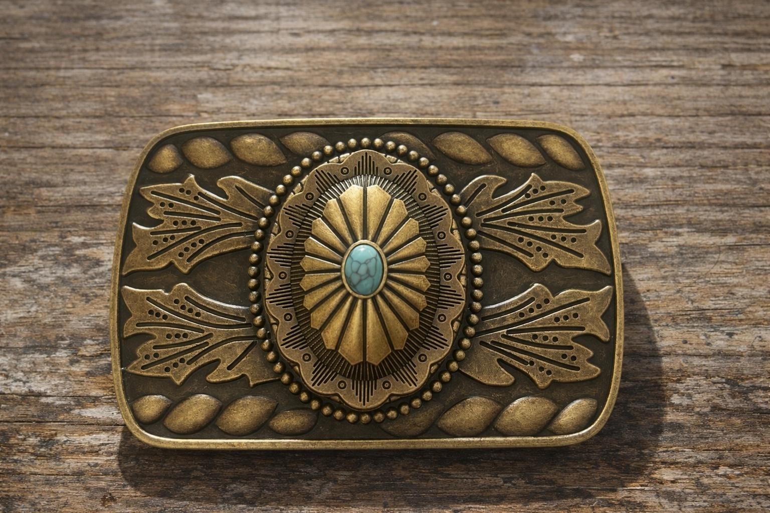 Turquoise Western Belt Buckle Antique Brass Engraved Oval Cabochon Cowboy Style