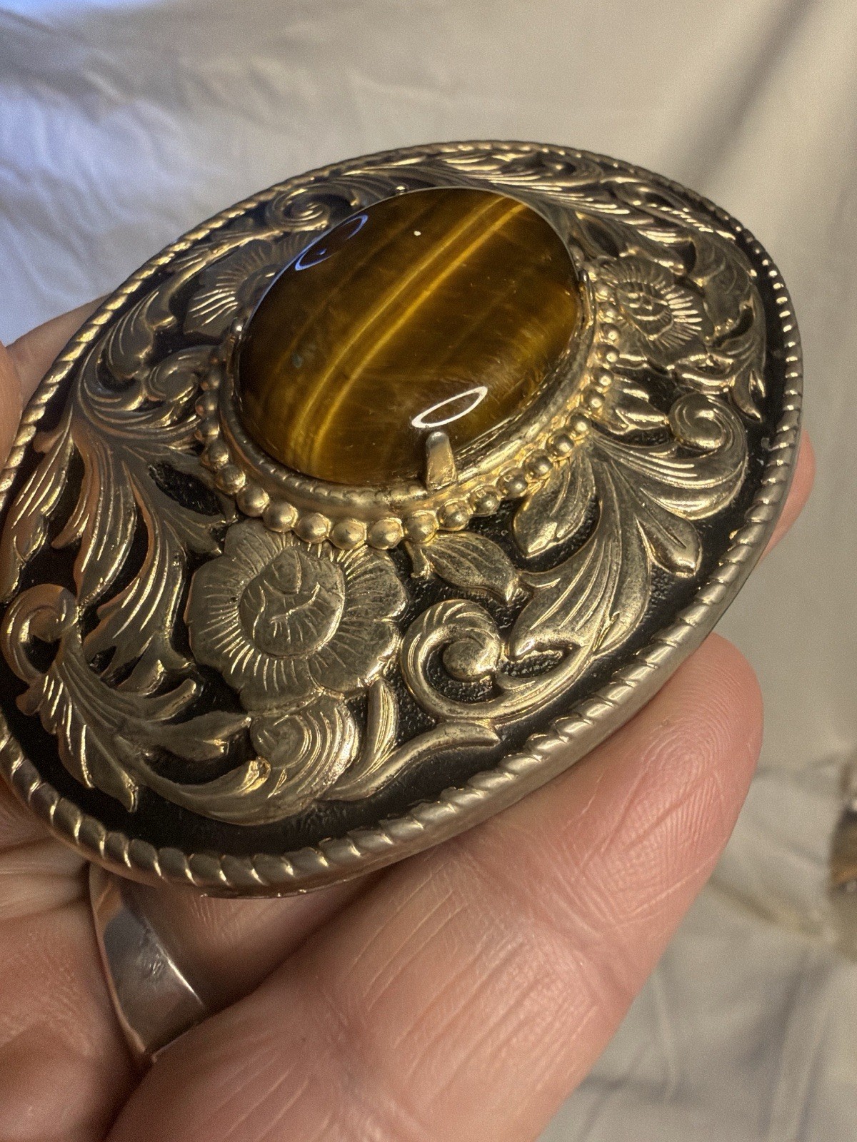 Silver Brown Western Oval Belt Buckle for Men Floral Stone Metal Rodeo Accent