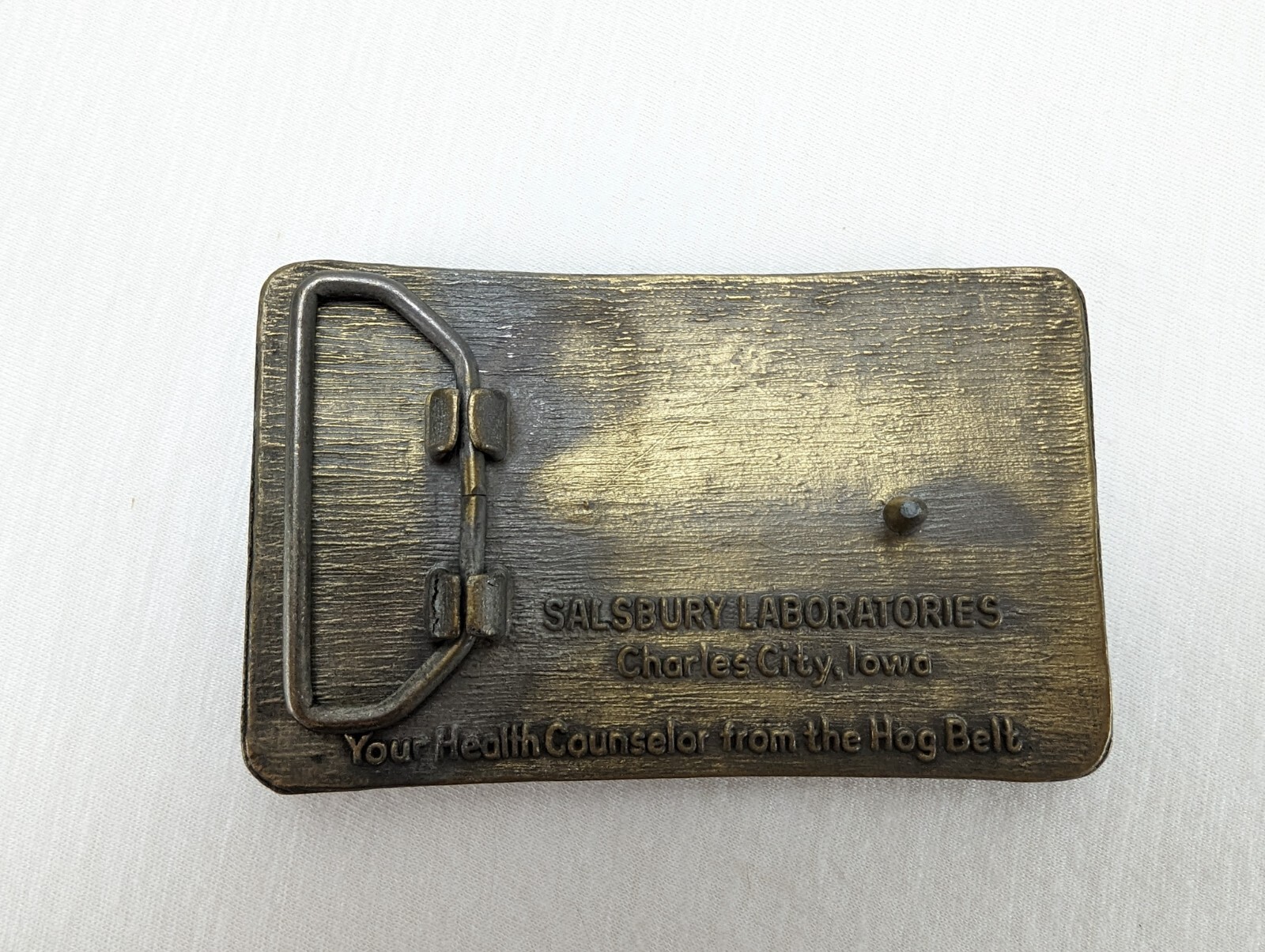 Brass Hog Belt Buckle Charles City Iowa Salsbury Laboratories Farmer Cowboy VTG