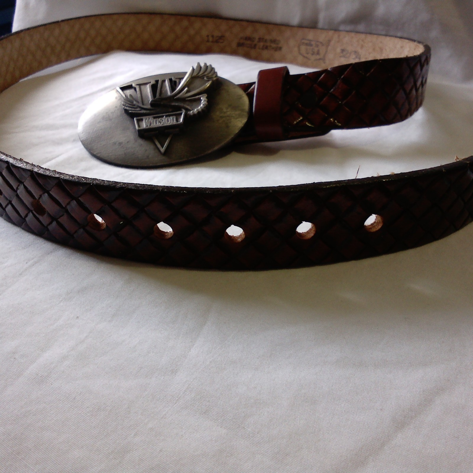 Vtg Winston Buckle W/Hand Stained Bridle Leather Belt 32/34 3D Flying Eagle…
