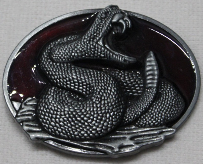 Water Snake Belt Buckle Silver Red Enameled Backing Oval Reptiles Rattlesnake