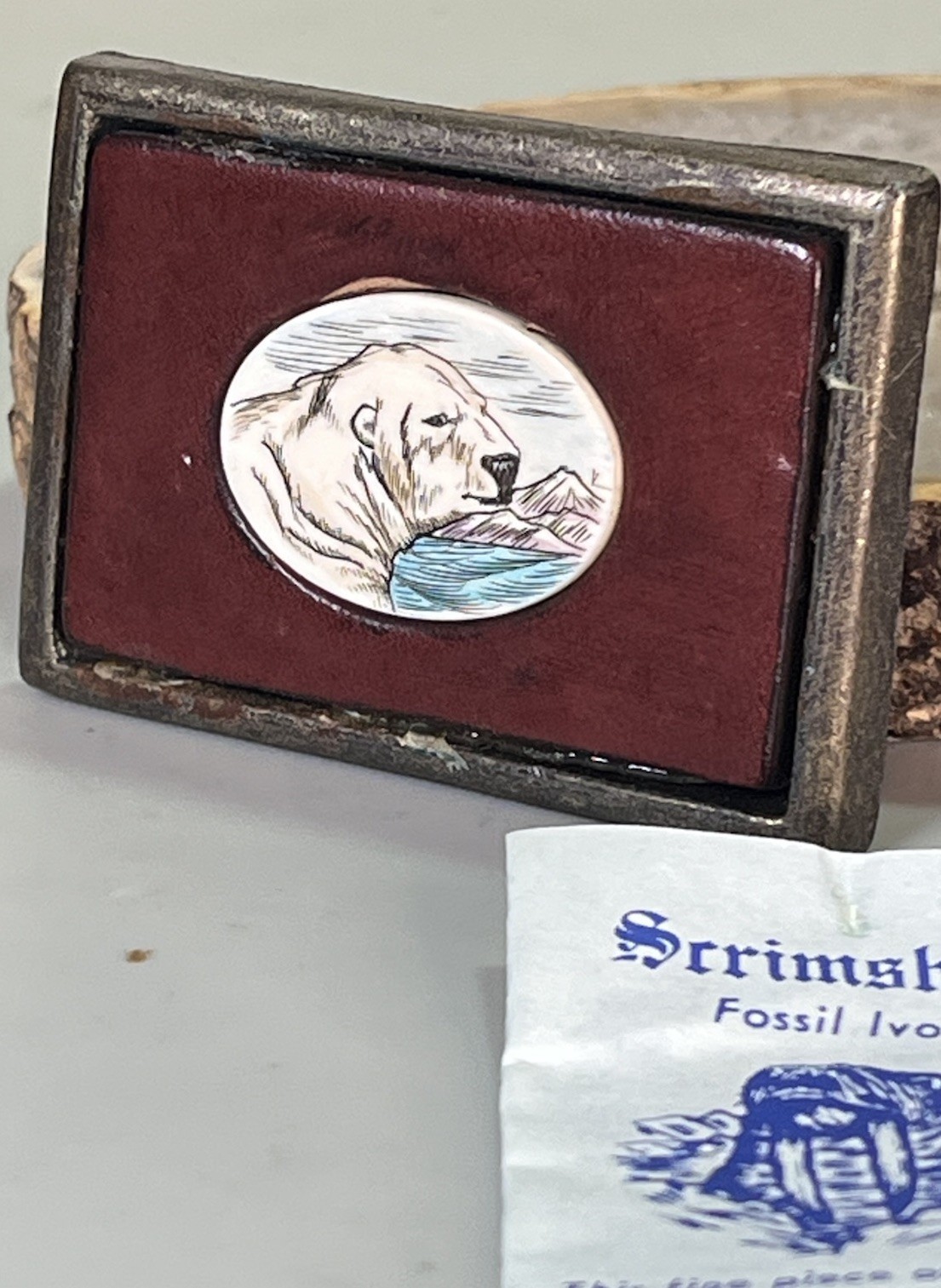 VTG Solid Brass Belt Buckle w/ Leather Native Made Polar Bear Scrimshaw Center