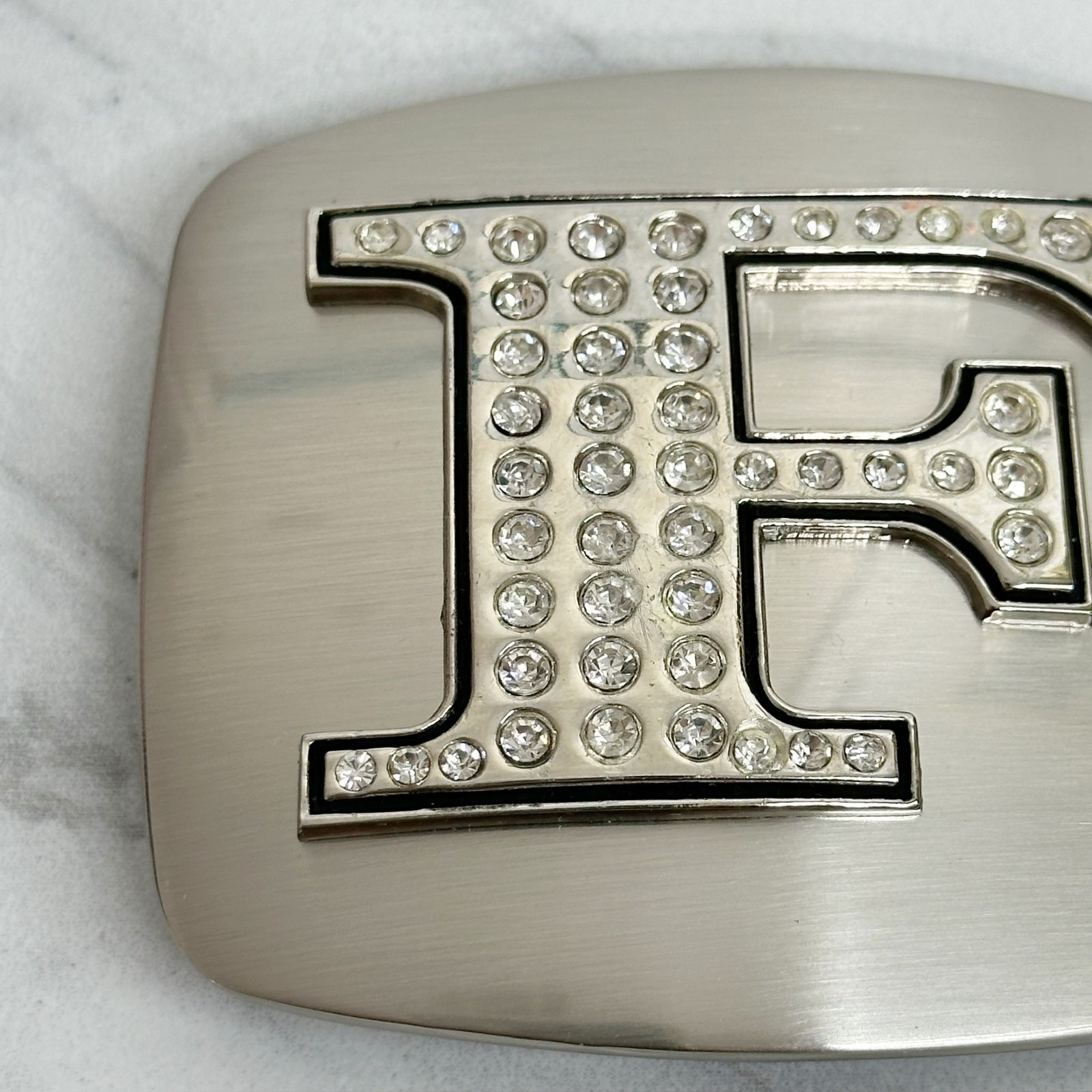 Rhinestone Studded F Letter Initial Monogram Silver Tone Belt Buckle
