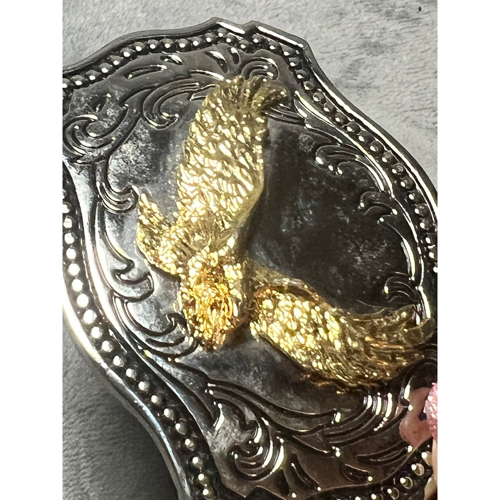 Gold Eagle Belt Buckle Silver Tone Western Scroll Made USA Patriotic Cowboy