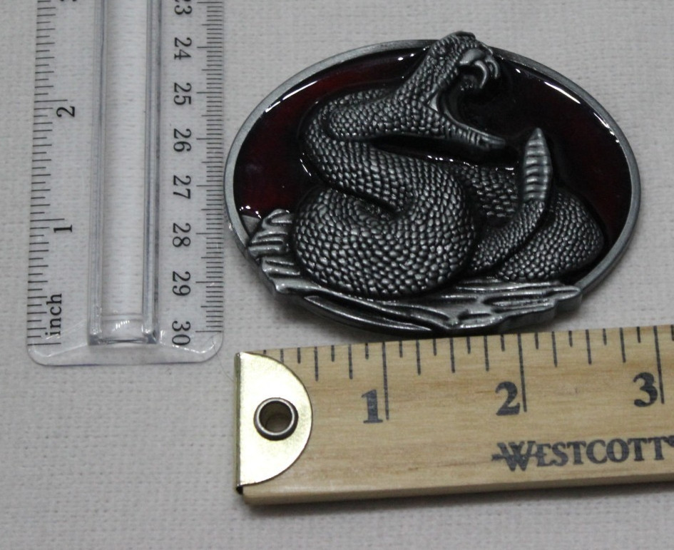 Water Snake Belt Buckle Silver Red Enameled Backing Oval Reptiles Rattlesnake
