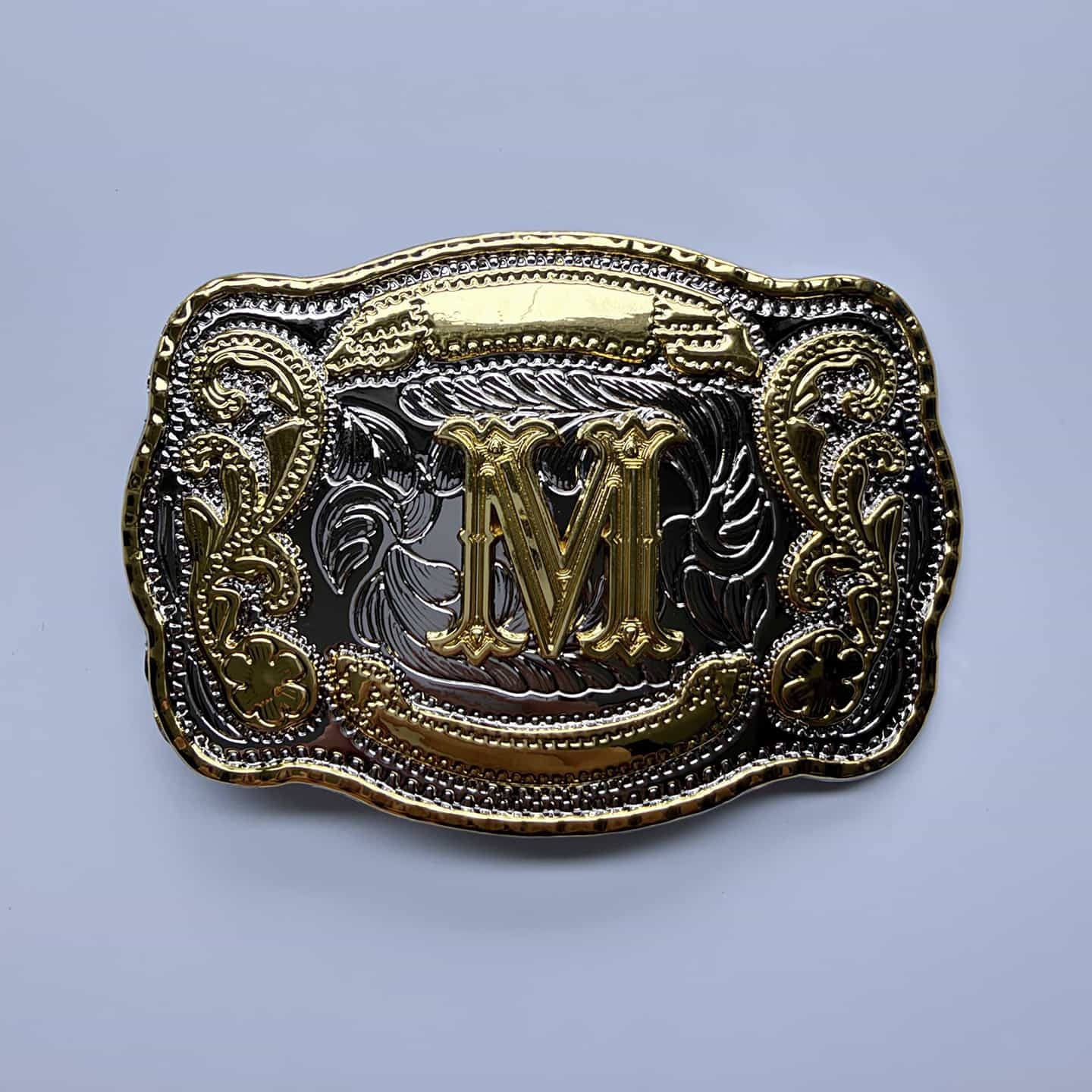 Bright Silver With Gold Initial Letter A-Z Cowboy Cowgirl Rectangle Belt Buckle