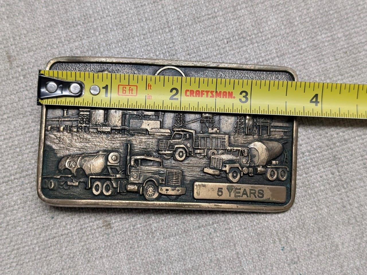 vintage CA belt buckle OIL REFINERY drilling rig SOLID BRASS western 1981