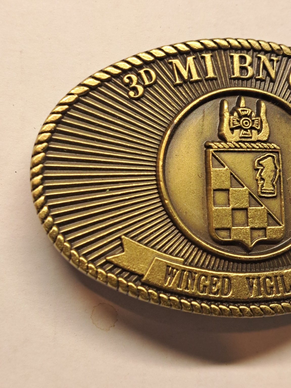 3D MI BN (AE) Belt Buckle Gold Tone Winged Vigilance Military Army Brass