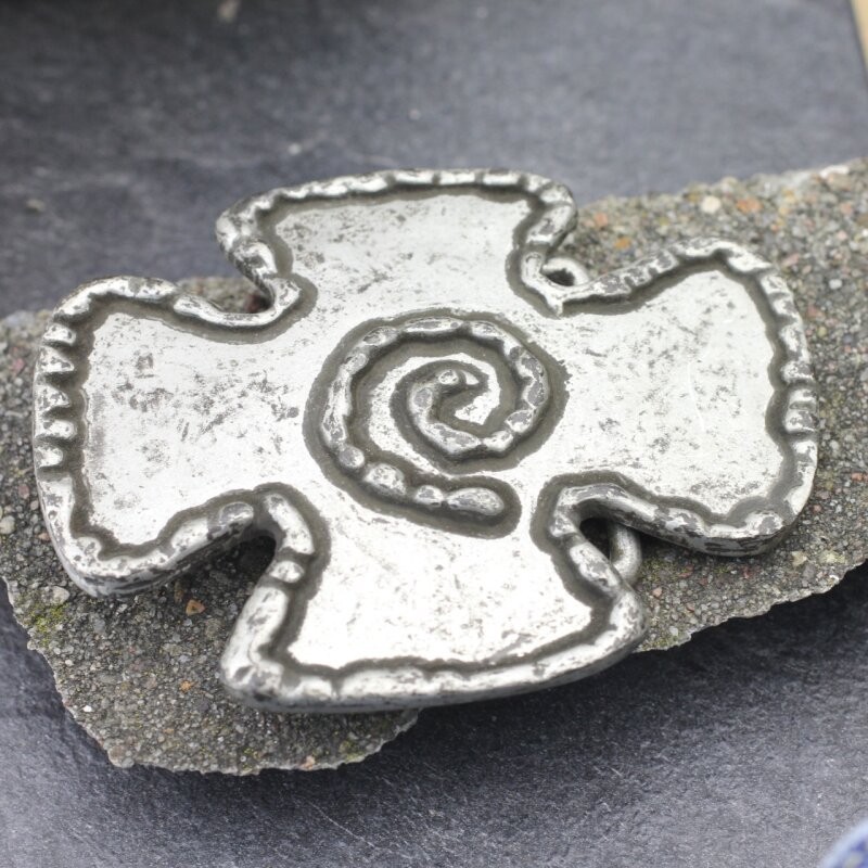 Medieval Style Metal Cross Belt Buckle with Spiral Motif V. Antique Silver