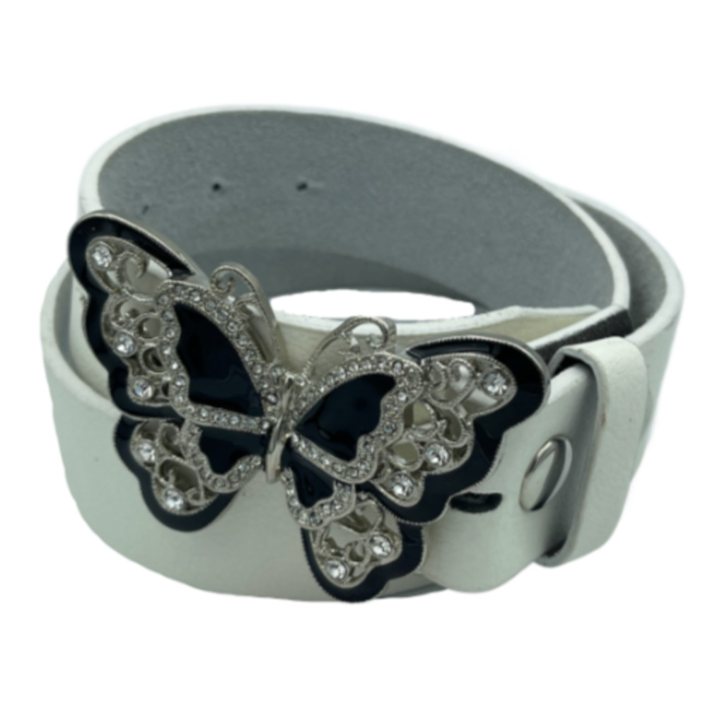 Black Rhinestone Glitter Butterfly Butterflies White Snap-On Belt Buckle