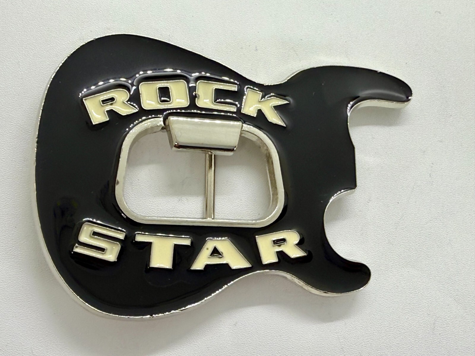 Rock Star Musician Guitar Body with Bottle Opener Black Enameled Belt Buckle