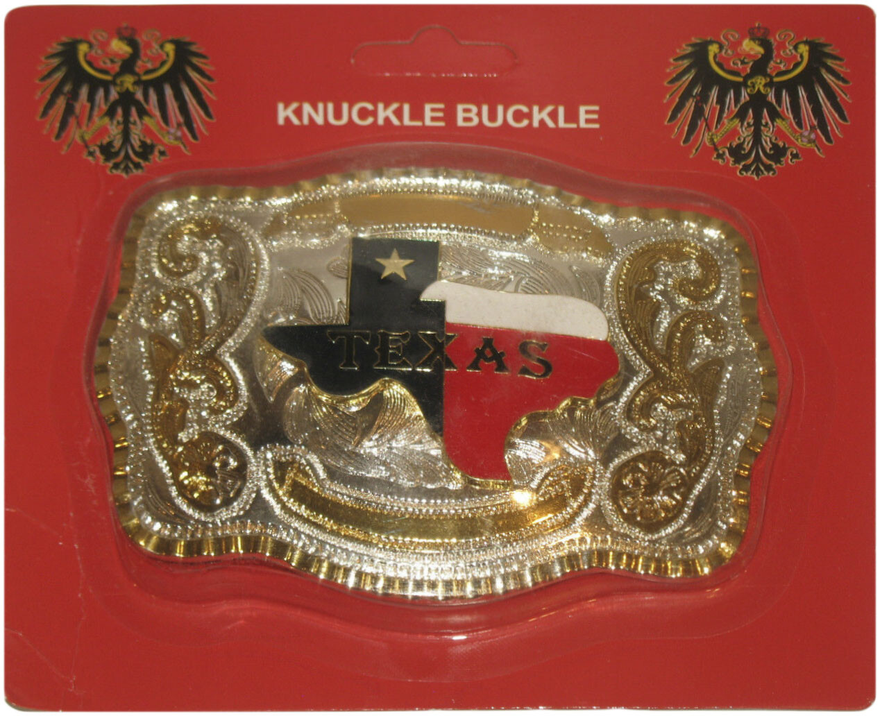 Gold and Silver Texas State Red White Blue Belt Buckle